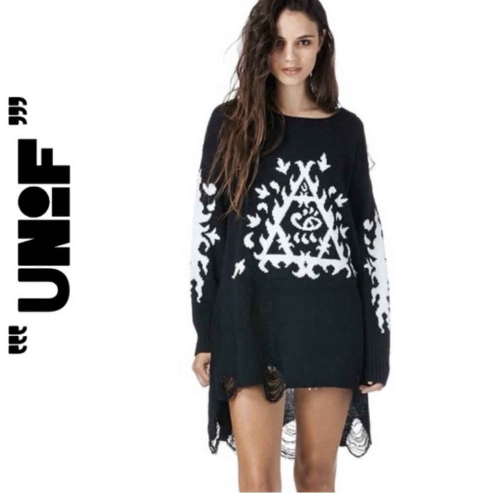 UNIF ORNATE HIGH LOW LONG SLEEVE DISTRESSED BLACK SWEATER **HTF STYLE**